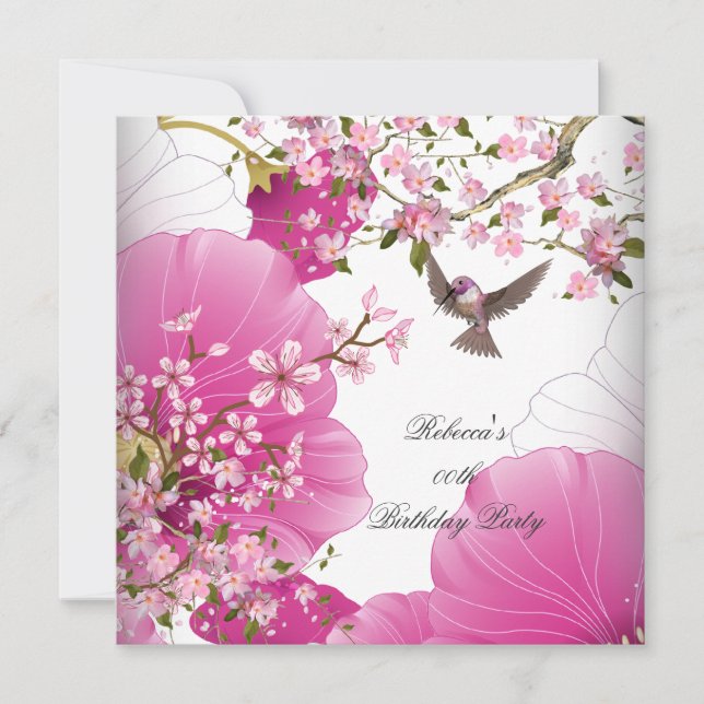Pretty Pink Asian Blossom Bird Birthday Party Invitation (Front)