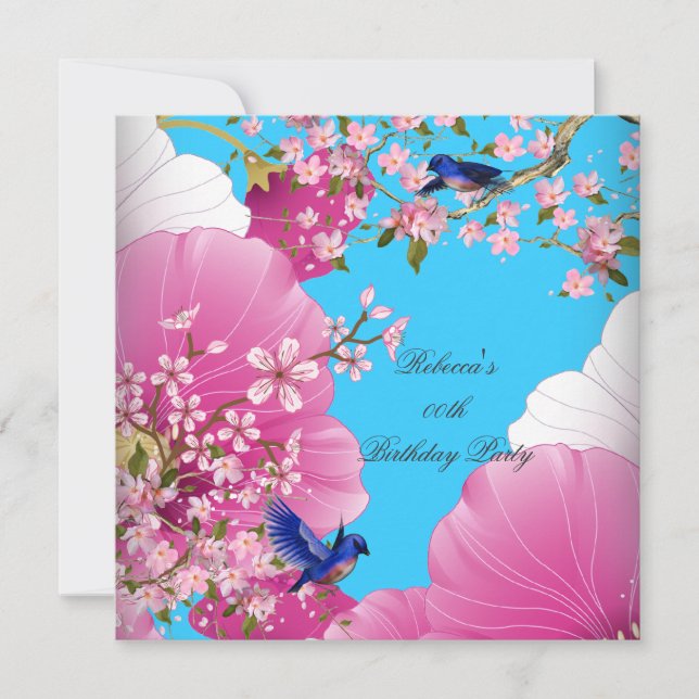 Pretty Pink Asian Blossom Bluebird Birthday Party Invitation (Front)