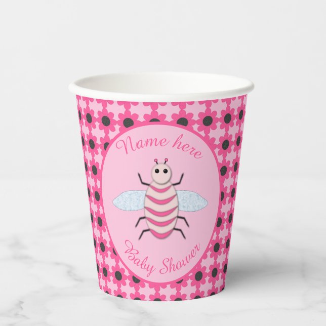 Pretty Pink Baby Girl Bee Custom Baby Shower Paper Cups (Front)