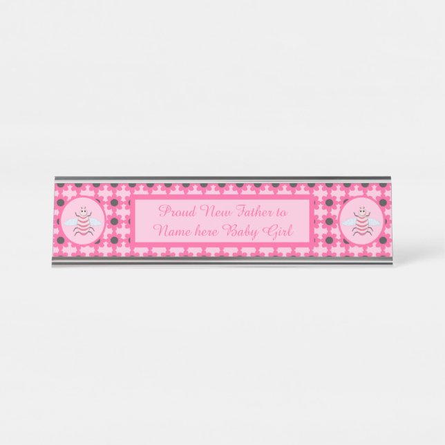 Pretty Pink Baby Girl Bee Custom Desk Name Plate (Front)