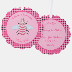 Pretty Pink Baby Girl Bee Custom Tree Decoration Card