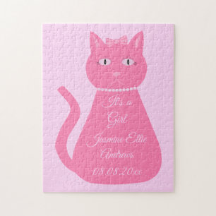 Pretty Pink Baby Girl Cat Birth Announcement Jigsaw Puzzle