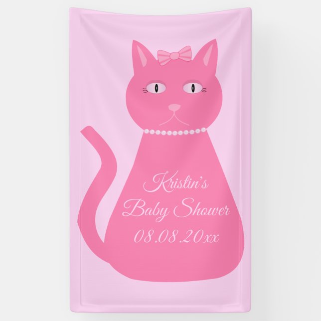 Pretty Pink Baby Girl Cat Custom Baby Shower Banner (Vertical)