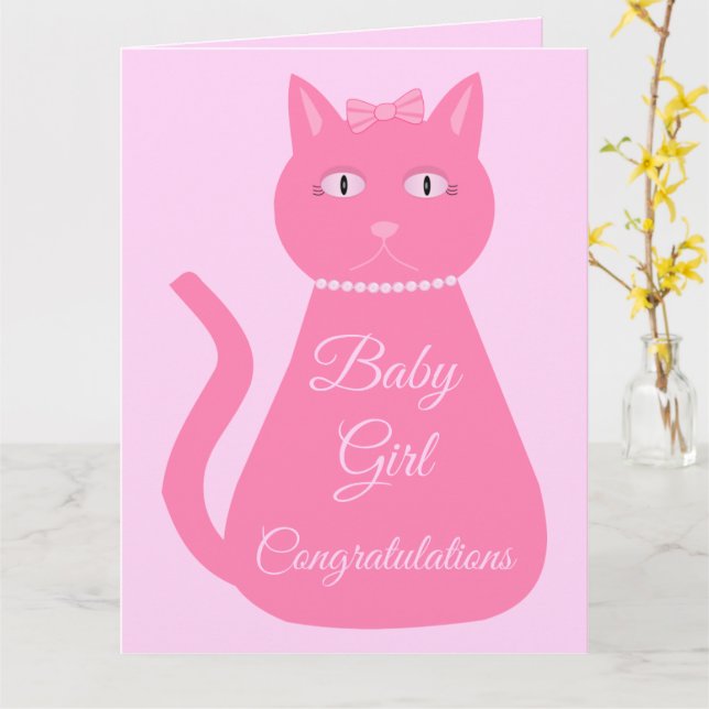 Pretty Pink Baby Girl Cat Custom Baby Shower Card (Yellow Flower)