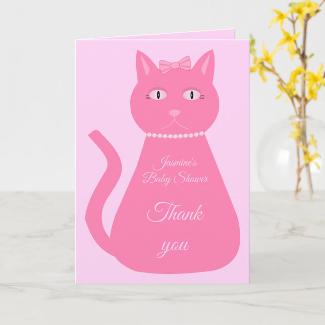 Pretty pink Baby Girl Cat Custom Baby Shower Card (Yellow Flower)