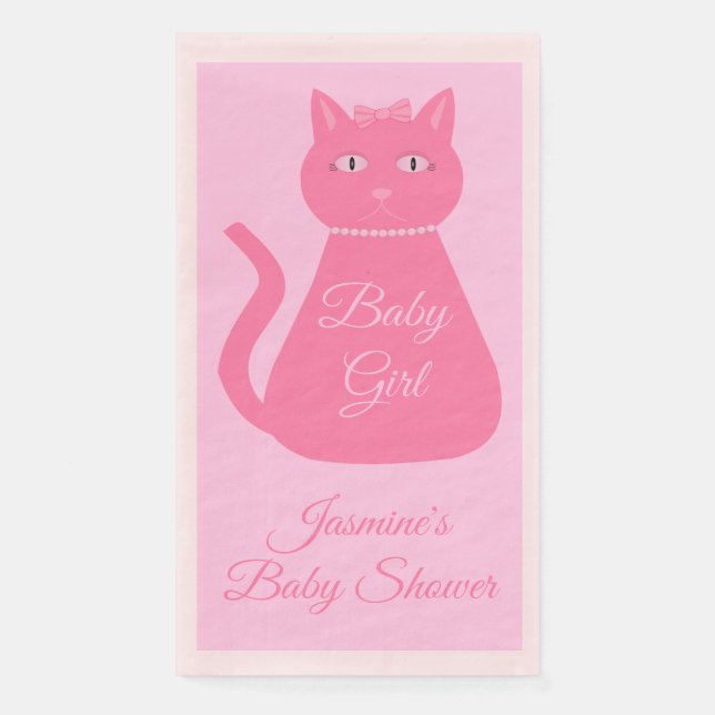 Pretty Pink Baby Girl Cat Custom Baby Shower Napkin (Front)