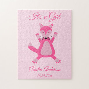 Pretty Pink Baby Girl Fox Birth Announcement Jigsaw Puzzle