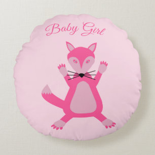 Pretty Pink Baby Girl Fox Birth Announcement Round Cushion