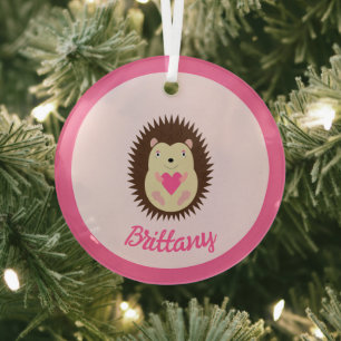 Pretty Pink Baby Girl Hedgehog First Xmas Glass Tree Decoration