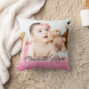 Pretty Pink Baby Girl Keepsake Birth Stats Photo Cushion