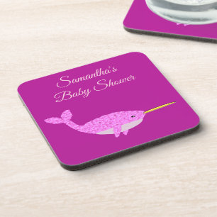 Pretty Pink Baby Girl Narwhal Baby Shower Custom Coaster