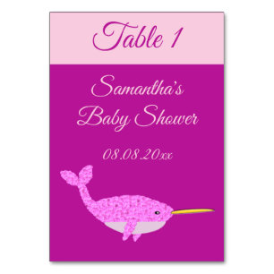 Pretty Pink Baby Girl Narwhal Baby Shower Custom Table Number