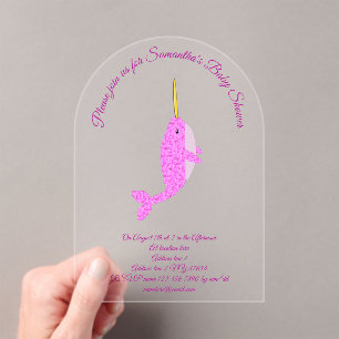 Pretty Pink Baby Girl Narwhal Custom Baby Shower Acrylic Invitations
