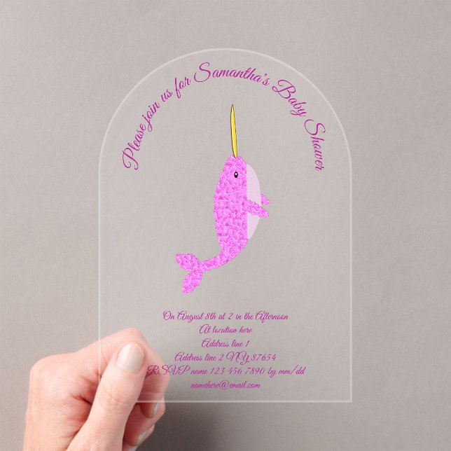 Pretty Pink Baby Girl Narwhal Custom Baby Shower Acrylic Invitations (Insitu (Handheld))