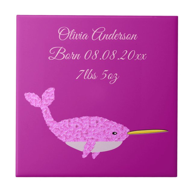 Pretty Pink Baby Girl Narwhal Custom Birth Tile (Front)
