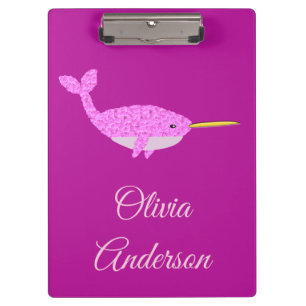 Pretty Pink Baby Girl Narwhal Custom Name Clipboard