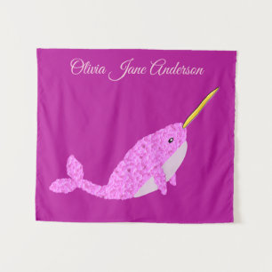 Pretty Pink Baby Girl Narwhal Custom Name Nursery Tapestry