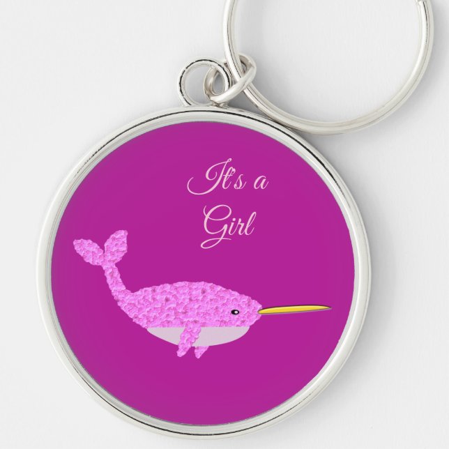 Pretty Pink Baby Girl Narwhal Gender Reveal Custom Key Ring (Front)