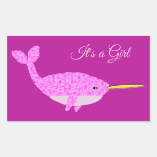 Pretty Pink Baby Girl Narwhal Gender Reveal Custom Rectangular Sticker