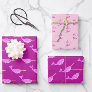 Pretty Pink Baby Girl Narwhal Gender Reveal Custom Wrapping Paper Sheet