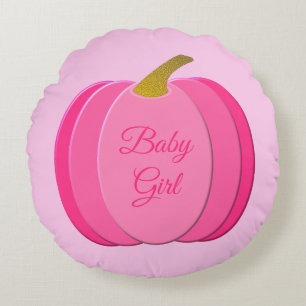 Pretty Pink Baby Girl Pumpkin Birth Announcement Round Cushion