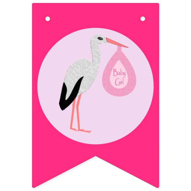Pretty Pink Baby Girl Stork Baby Shower Bunting (First Flag)