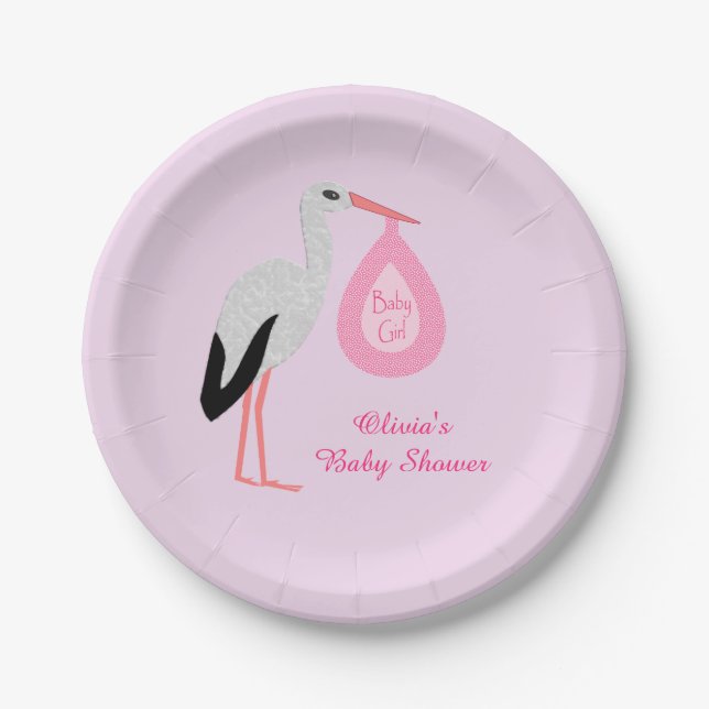 Pretty Pink baby Girl Stork Baby Shower Custom Paper Plate (Front)