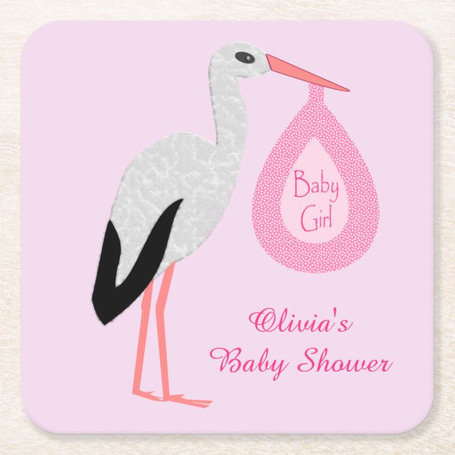 Pretty Pink Baby Girl Stork Baby Shower Custom Square Paper Coaster (Front)