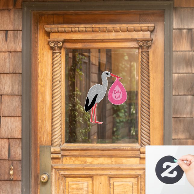 Pretty Pink Baby Girl Stork Baby Shower Window Cling (Home Door)