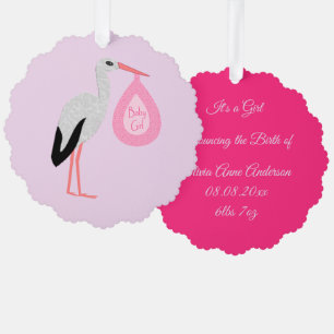 Pretty Pink Baby Girl Stork Birth Announcement