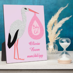 Pretty Pink Baby Girl Stork Birth Announcement Plaque