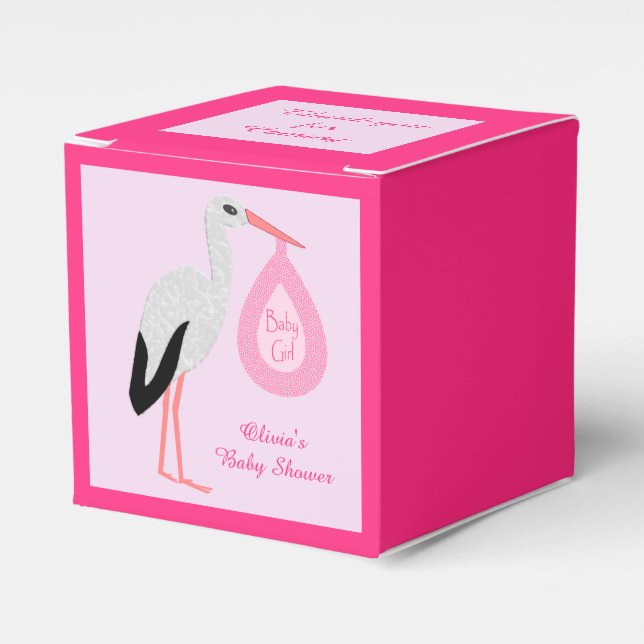 Pretty Pink Baby Girl Stork Custom Baby Shower Favour Box (Front Side)