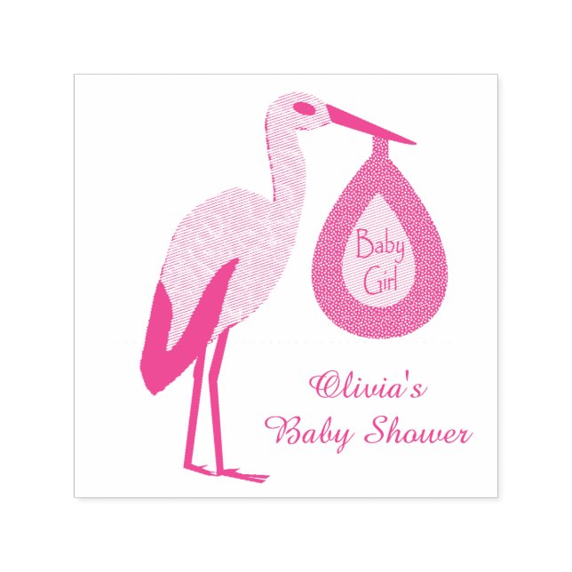 Pretty Pink Baby Girl Stork Custom Baby Shower Self-inking Stamp (Design)