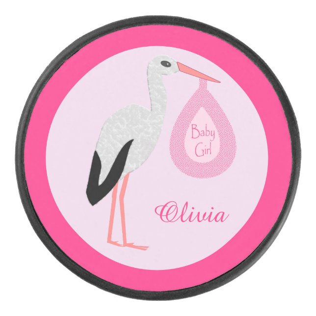 Pretty Pink Baby Girl Stork Custom Hockey Puck (Front)
