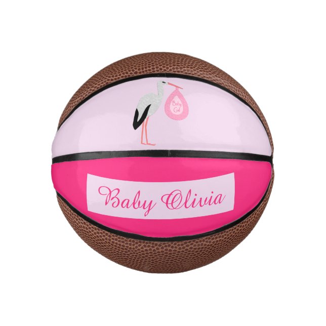 Pretty Pink Baby Girl Stork Custom Mini Basketball (Front)