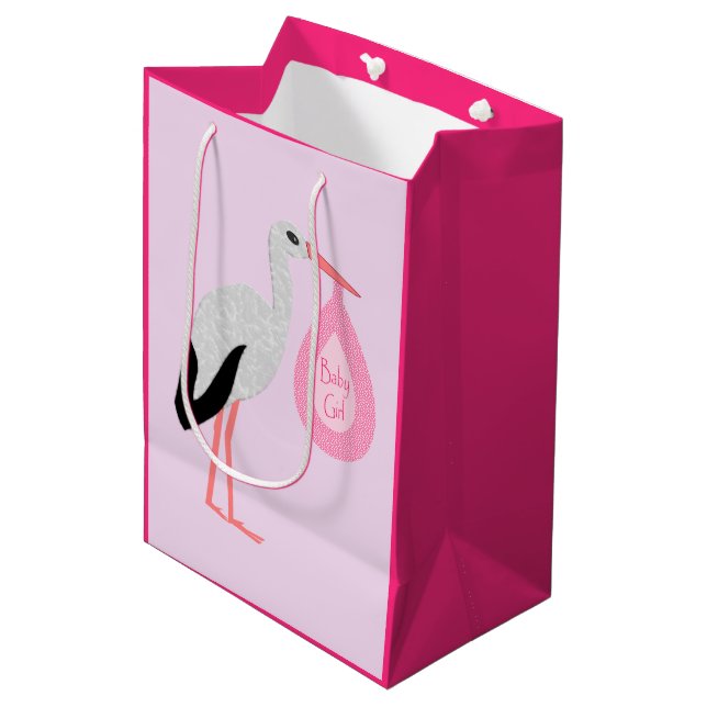 Pretty Pink Baby Girl Stork Medium Gift Bag (Front Angled)