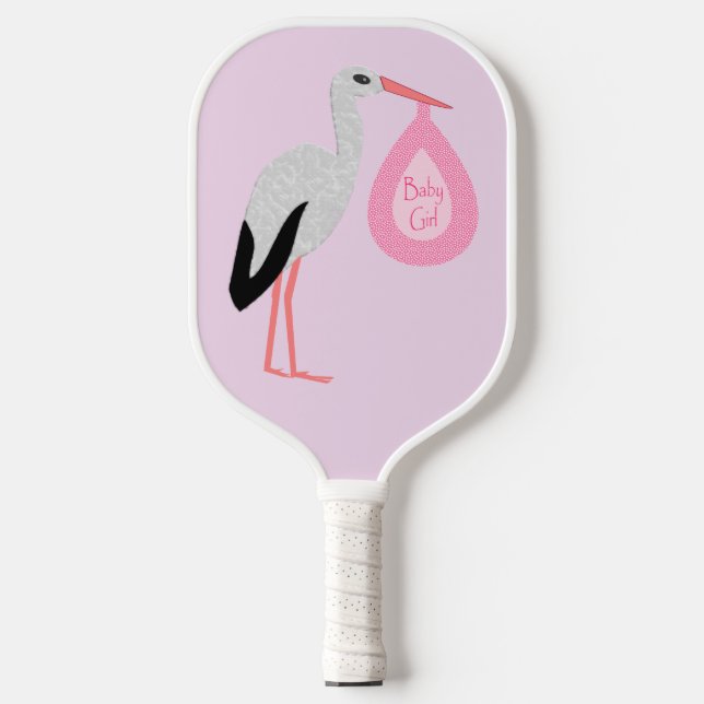 Pretty Pink Baby Girl Stork Pickleball Paddle (Front)