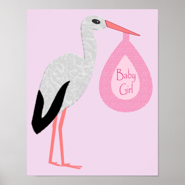 Pretty Pink Baby Girl Stork Poster (Front)