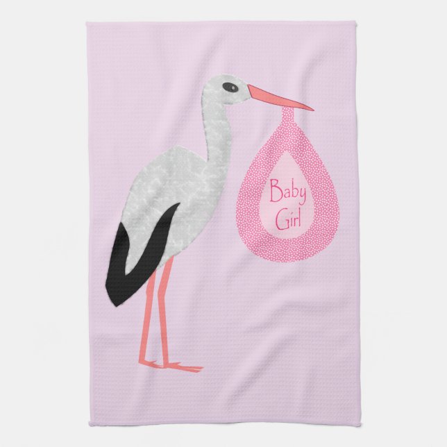 Pretty Pink Baby Girl Stork Tea Towel (Vertical)
