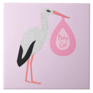 Pretty Pink Baby Girl Stork Tile