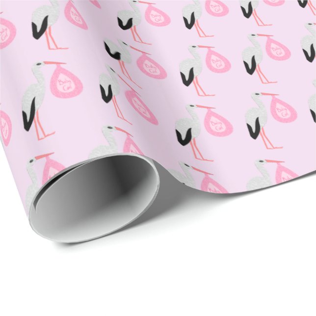 Pretty Pink Baby Girl Stork Wrapping Paper (Roll Corner)