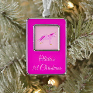 Pretty Pink Baby Girl Unicorn Custom 1st Christmas Silver Plated Framed Ornament