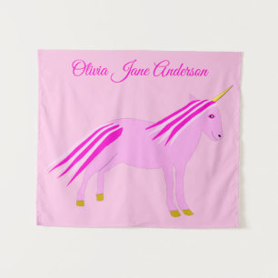 Pretty Pink Baby Girl Unicorn Custom Name Nursery Tapestry