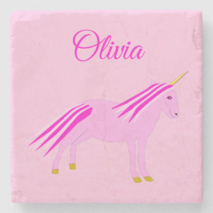 Pretty Pink Baby Girl Unicorn Custom  Name Stone Coaster