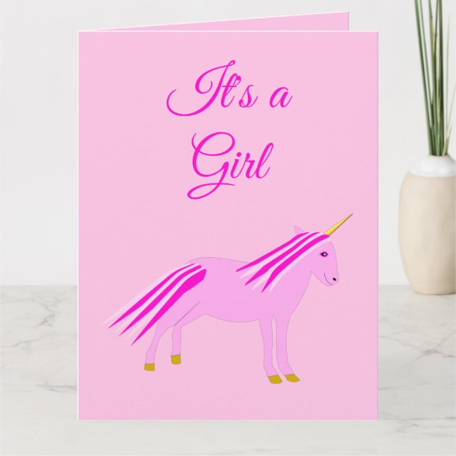 Pretty Pink Baby Girl Unicorn Gender Reveal Card (Front)
