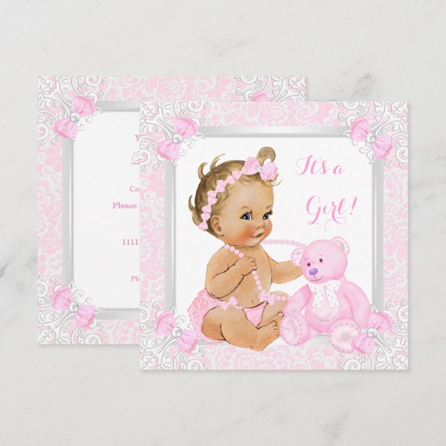 Pretty Pink Baby Shower Girl Lace Bear Blonde Baby Invitation (Front/Back)
