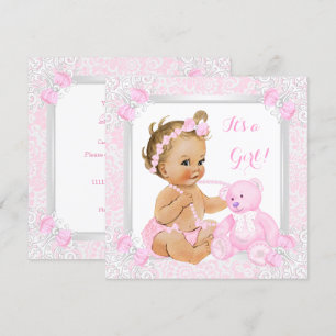Pretty Pink Baby Shower Girl Lace Bear Blonde Baby Invitation