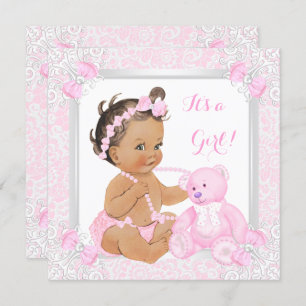 Pretty Pink Baby Shower Girl Lace Bear Brunette Invitation