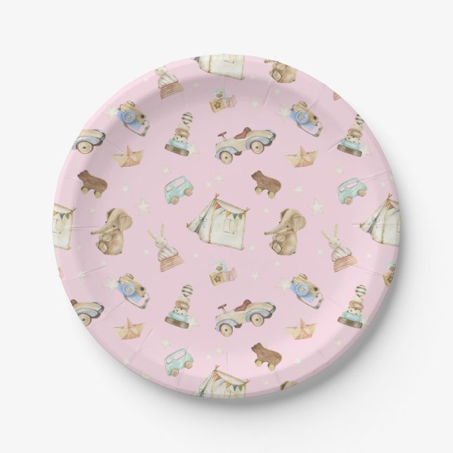 Pretty Pink Baby Shower Vintage Toys Paper Plates (Front)