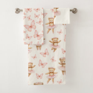 Pretty pink ballerina bear and butterflies bath towel set
